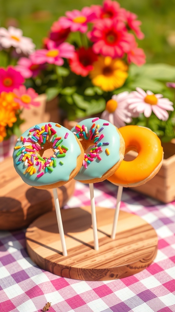 Donuts on a Stick Recipe Three colorful donuts on sticks with sprinkles, displayed on a wooden board in a sunny picnic setting.